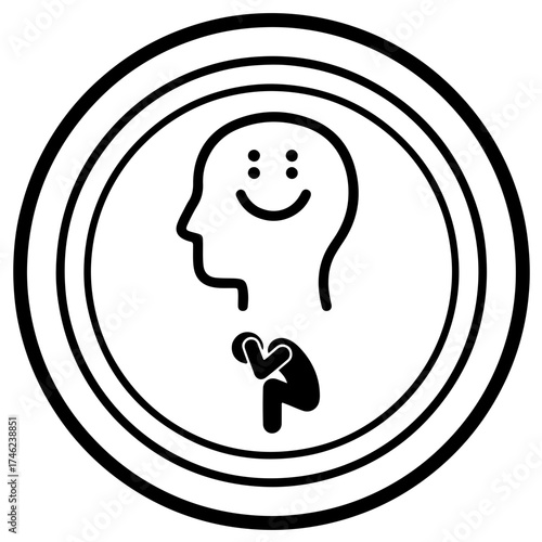 A thought-provoking black and white vector icon designed to illustrate the internal conflict and the feeling of a hidden struggle often experienced with Bipolar Disorder. The design features a simple 