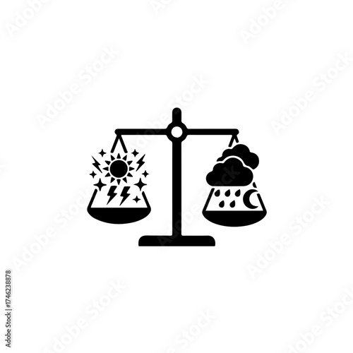 a simple balance scale or set of weighing scales. One pan holds a symbol representing mania, indicating high energy, while the opposing pan contains a symbol of depression, signifying low energy