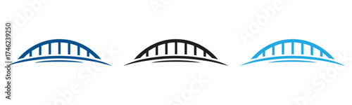 Vibrant bridge icons for modern logo design projects,Modern bridge icons in black, blue and orange colors,Iconic bridge designs in black, blue, and orange outline
