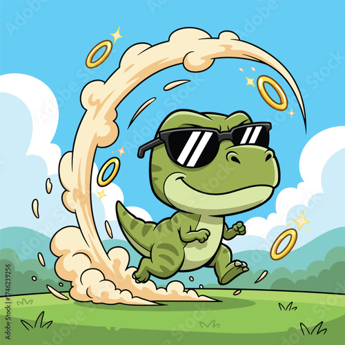 Stylish T-Rex Dinosaur Running Fast with Golden Rings