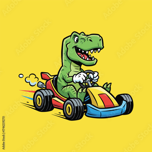 Smiling T-Rex Dinosaur Racing in a Bright Yellow Go-Kart