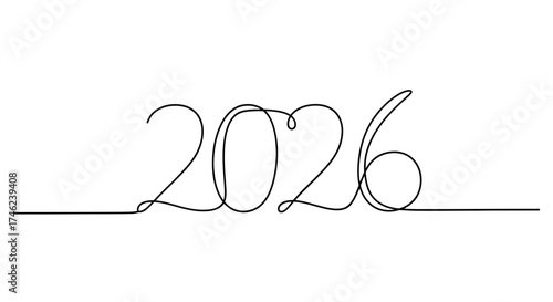Minimalist continuous line drawing of the number 2026, perfect for new year celebrations or future event themes