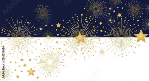 Elegant festive background with golden fireworks and sparkling stars, presented on a sophisticated dark blue and white split design, perfect for New Year celebrations and event invitations