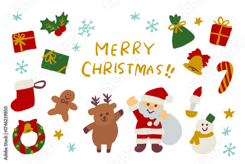 サンタクロースやトナカイ、雪だるまやリースなどを集めた手描き風のクリスマスアイコンセット