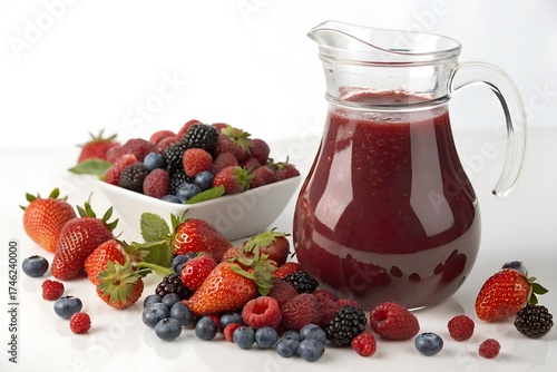 Photorealistic jug of berry mixed fruit juice with strawberries blueberries and raspberries