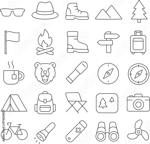 A delightful collection of minimalistic camping and outdoor adventure icons arranged in a grid format, perfect for illustrating the spirit of exploration and the great outdoors.