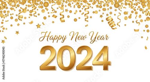 Happy New Year 2024 with Golden Confetti and Serpentine Banner Illustration