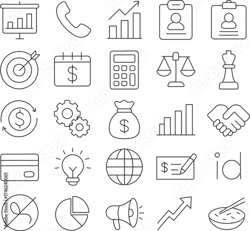 A comprehensive suite of business icons, meticulously crafted in a clean, modern style, perfect for visual representation of financial and corporate elements.
