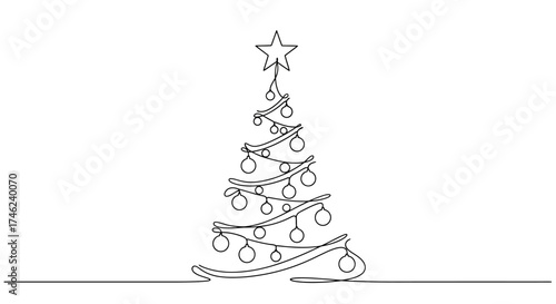 One-line drawing illustration of a decorated Christmas tree with a star on top, white background
