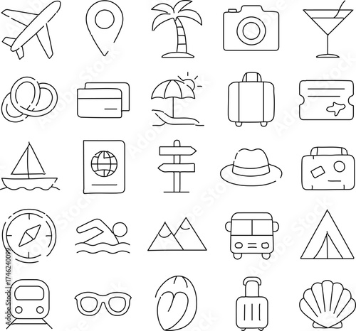 A collection of meticulously designed travel icons, representing various essential elements for a memorable vacation, inviting exploration and adventure.
