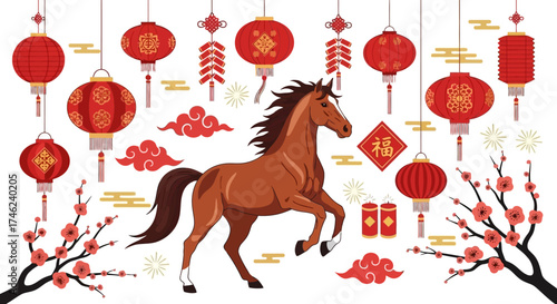 A festive collection of Chinese Lunar New Year decorations for the Year of the Horse, featuring red lanterns, firecrackers, and blossom branches