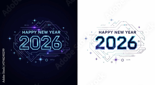 Happy New Year 2026, Futuristic Digital Celebration with Geometric Lines and Circuits on Dark and White Backgrounds