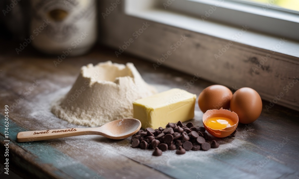 Fototapeta premium Baking ingredients arranged on a rustic wooden surface, featuring flour, butter, eggs, and chocolate chips. A wooden spoon rests beside the ingredients