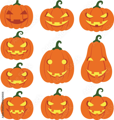 Spooky halloween jack-o-lantern collection diverse faces festive orange pumpkins autumn celebration isolated on transparent background