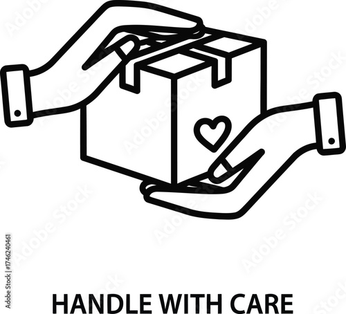 A line art icon of hands carefully exchanging a package with a heart symbol, illustrating the concept of 'Handle With Care'.