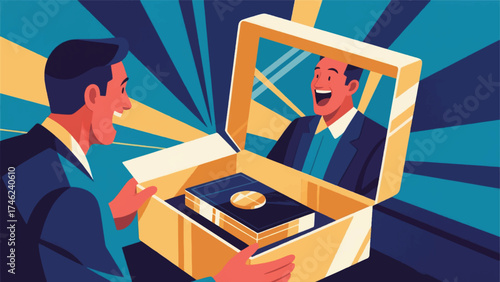 Illustration Of Person Proudly Unboxing, Their Reflection In The Glossy Packaging Showing Excited Expression Vector Design Template