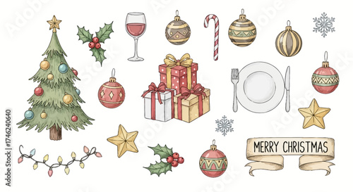 Hand-drawn Christmas festive elements featuring tree, gifts, ornaments, dinnerware and decorations, white background
