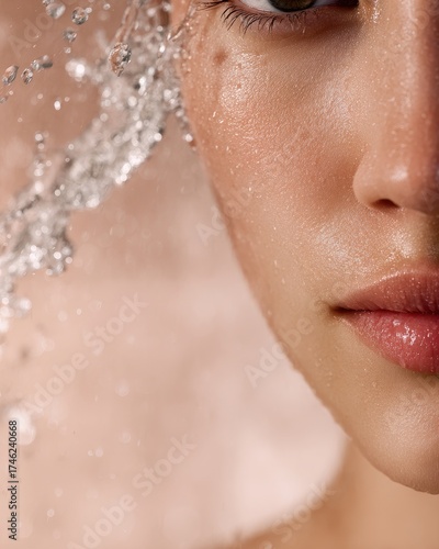 Closeup of Elegant Face with Soft Water Splash in a Basin