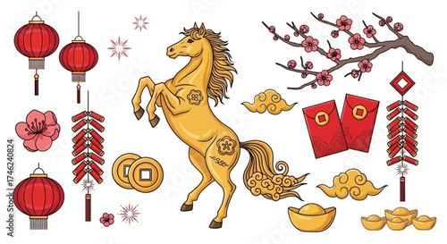Golden horse, red lanterns, firecrackers, and auspicious elements form a vibrant Lunar New Year collection, symbolizing prosperity, good fortune, and traditional celebration