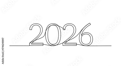 Continuous one line drawing of the number 2026. Minimalist black line art on a white background for a Happy New Year concept
