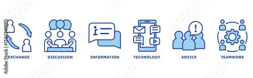 Communication icon set illustration concept with icon of exchange, discussion, information, technology, advice, teamwork