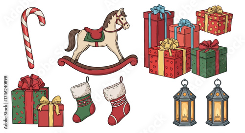 Christmas Holiday Icons with Gifts, Candy Cane, Horse and Lanterns