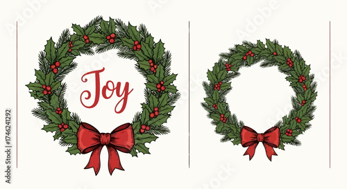 Festive Christmas Wreaths with Holly, Berries, and Red Bows - A Symbol of Holiday Cheer and Winter Celebration