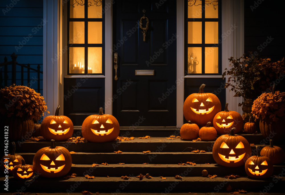Obraz premium Illustration Halloween night scene with carved pumpkins glowing on a doorstep