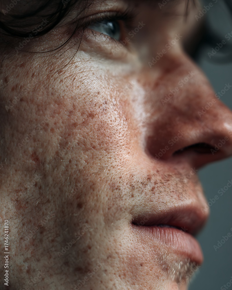 Fototapeta premium The man's cheeks are white, with faint freckles and sidelights.