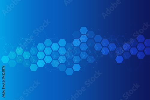 Hexagons pattern on blue background. Genetic research, molecular structure. Chemical engineering. Concept of innovation technology. Used for design healthcare, science and medicine background