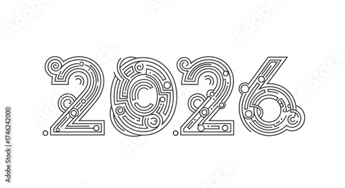 Creative typographic design of the number 2026 stylized as a complex electronic circuit board for a futuristic technology concept