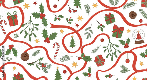Hand-drawn Christmas vector illustration pattern with red ribbons and festive objects, white background