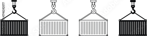 Shipping container icons – crane lifting containers, cargo logistics, freight transport, industrial crane hook, heavy load handling