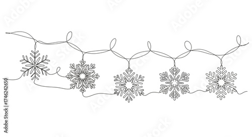 Continuous line drawing of decorative snowflake string lights, white background