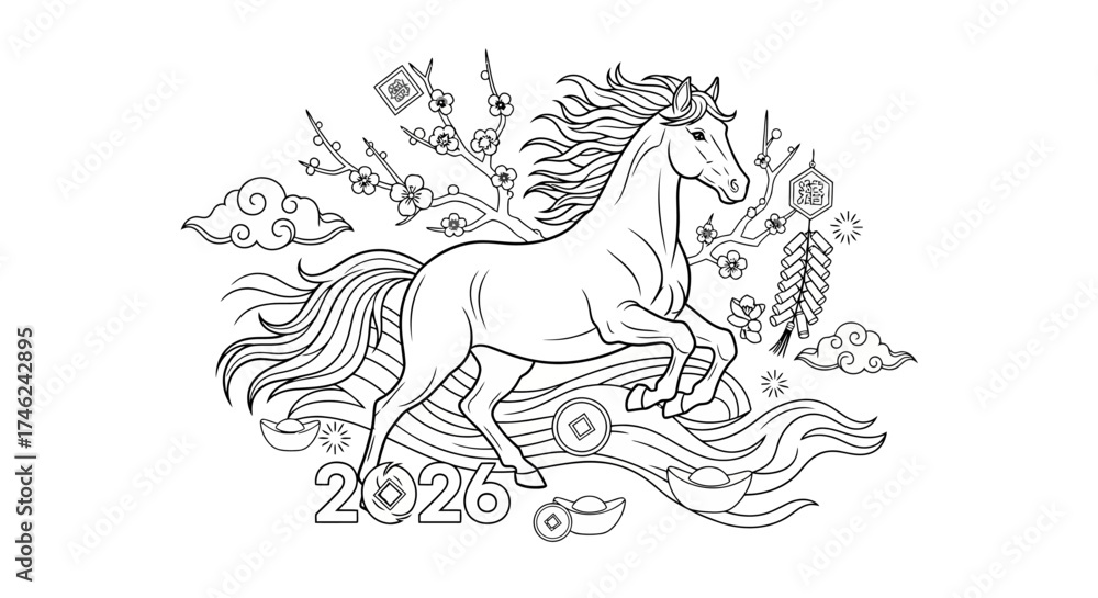 Fototapeta premium Festive line art illustration celebrating the Year of the Horse 2026, a traditional Chinese zodiac symbol for the Lunar New Year