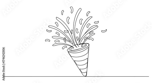 Continuous line drawing of a festive party popper with confetti, white background