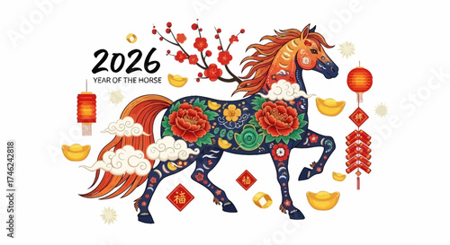 Year of the Horse 2026 Illustration Festive Floral Horse Design