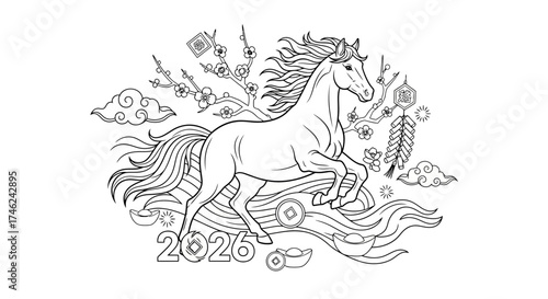 Festive line art illustration celebrating the Year of the Horse 2026, a traditional Chinese zodiac symbol for the Lunar New Year