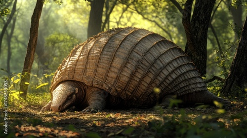 Fototapeta Naklejka Na Ścianę i Meble -  Giant armadillo forest sunlit habitat illustration
