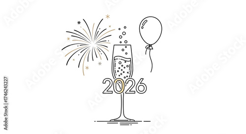 Happy New Year 2026 Celebration with Champagne Toast, Fireworks, and Balloon