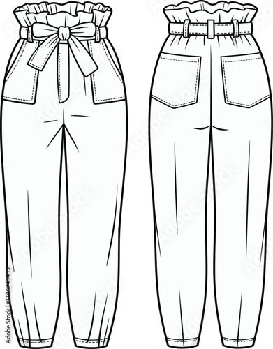 Flat vector illustration of paperbag waist jogger pants with tie belt and pockets, front and back CAD fashion sketch