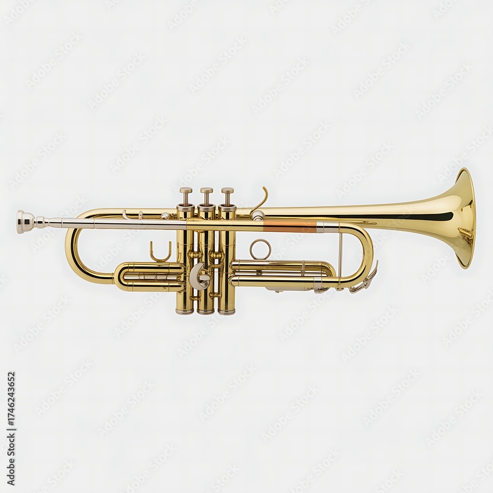 Obraz premium Gleaming brass trumpet with three valves musical instrument front view isolated