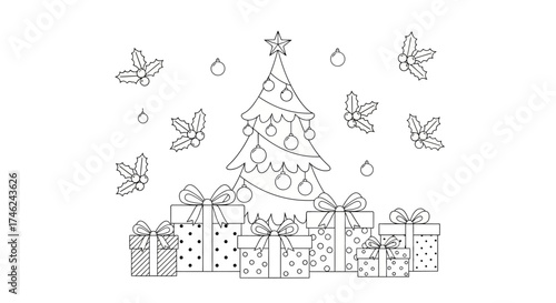 A festive outline illustration featuring a Christmas tree, gifts, and holly sprigs, white background