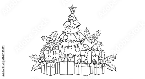 A festive outline illustration featuring a Christmas tree, gifts, and holly sprigs, white background
