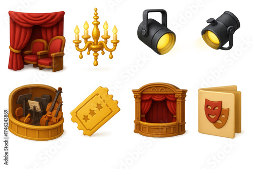 Theater Icon Set. Stage Atmosphere set icons in 3D color style: velvet curtain, golden chandelier, balcony seats, spotlight beam, orchestra pit,