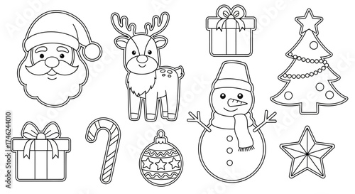 A cute vector illustration of outlined Christmas holiday elements, perfect for coloring books and decorations, white background