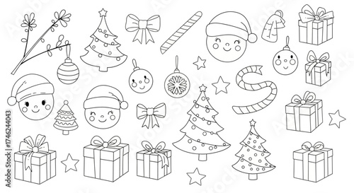 A cute vector illustration of outlined Christmas holiday elements, perfect for coloring books and decorations, white background