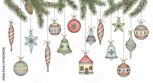 Hand-drawn Christmas ornaments hanging with a fir branch, perfect for a festive holiday design, white background