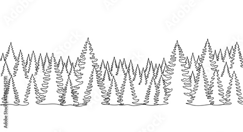 Continuous line drawing of a forest landscape with evergreen trees, white background