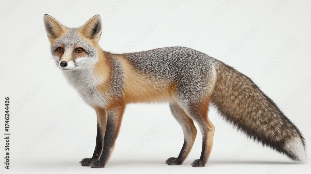 Fototapeta premium Gray fox studio portrait, isolated white background